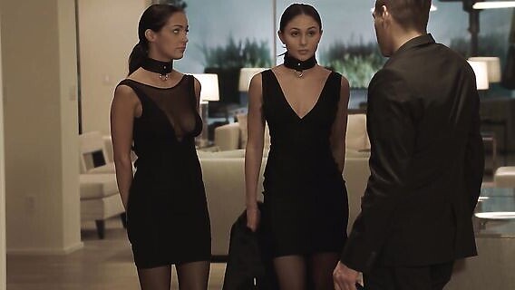 The guy dominates the girls in collars 